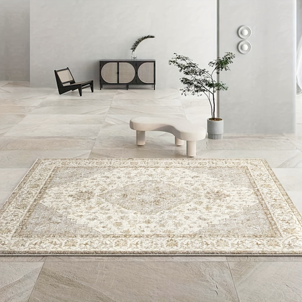 Alfombra grande de felpa aterciopelada con diseño floral y geométrico - 850 g/m², antideslizante, lavable a máquina, mezcla de poliéster - diseño en beige claro y crema para sala, dormitorio, oficina - alfombra decorativa liviana, decoración para sala de
