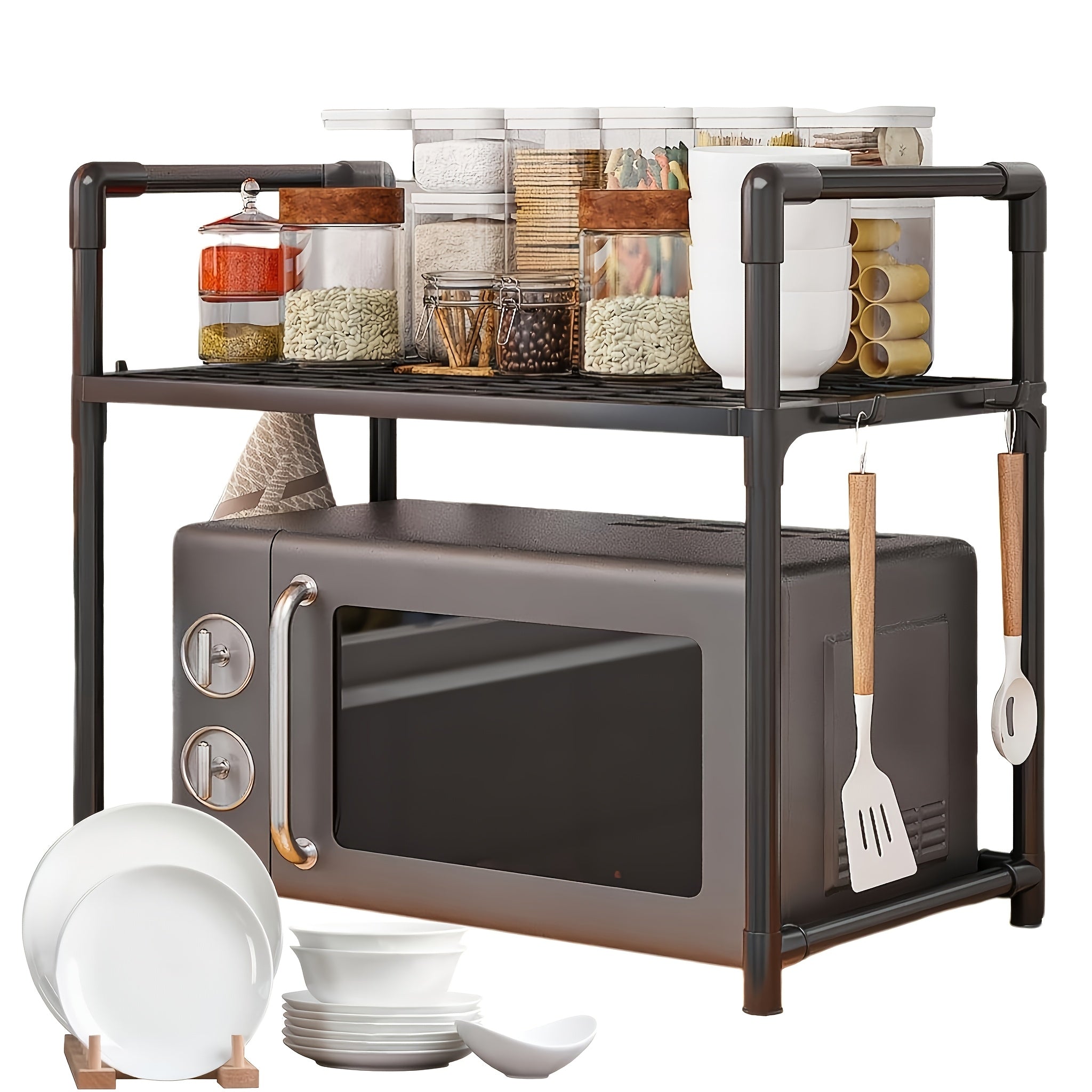 Estante de almacenamiento de cocina de varios niveles con ganchos, organizador de soporte de microondas de almacenamiento abierto, plástico duradero, no requiere ensamblaje, para especias, utensilios y electrodomésticos pequeños.