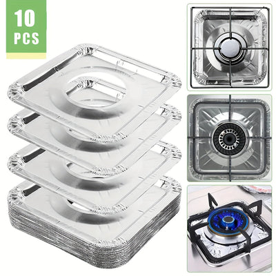 10/50pcs Revestimientos Desechables de Aluminio para Quemadores de Gas de Alta Resistencia - Cubiertas Cuadradas para Quemadores de Gas de 21.59 cm, Protector de Estufa de Gas, Cubiertas para la Parte Superior de la Estufa para Capturar Aceite, Grasa y D