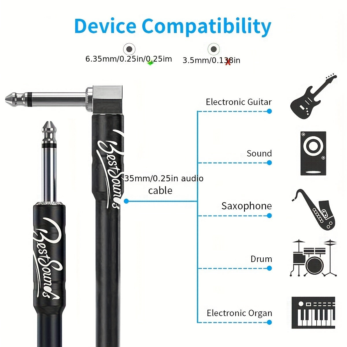 Cable de Guitarra Eléctrica Duradero de 10ft/20ft - Cable de Instrumento Macho a Hembra con Conectores de 1/4", Cable Redondo Flexible para Bajo, Teclado y Amplificador de Audio - Negro con Bandas de Goma Organizadoras, Accesorios para Guitarra Eléctrica