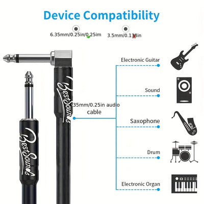 Cable de Guitarra Eléctrica Duradero de 10ft/20ft - Cable de Instrumento Macho a Hembra con Conectores de 1/4", Cable Redondo Flexible para Bajo, Teclado y Amplificador de Audio - Negro con Bandas de Goma Organizadoras, Accesorios para Guitarra Eléctrica