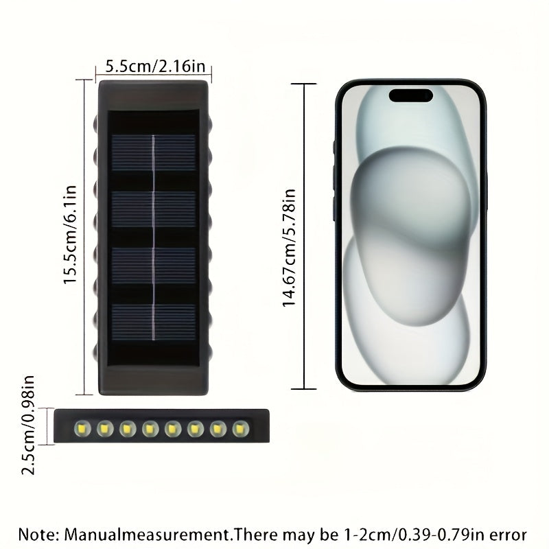Juego de 2 luces solares para exteriores con 16 LEDs, ideales para mejorar patios y paredes. Estas luces decorativas de paisaje mejoran el ambiente con la capacidad de lavado de paredes en dos direcciones, perfectas para decorar balcones de verano. Clasi