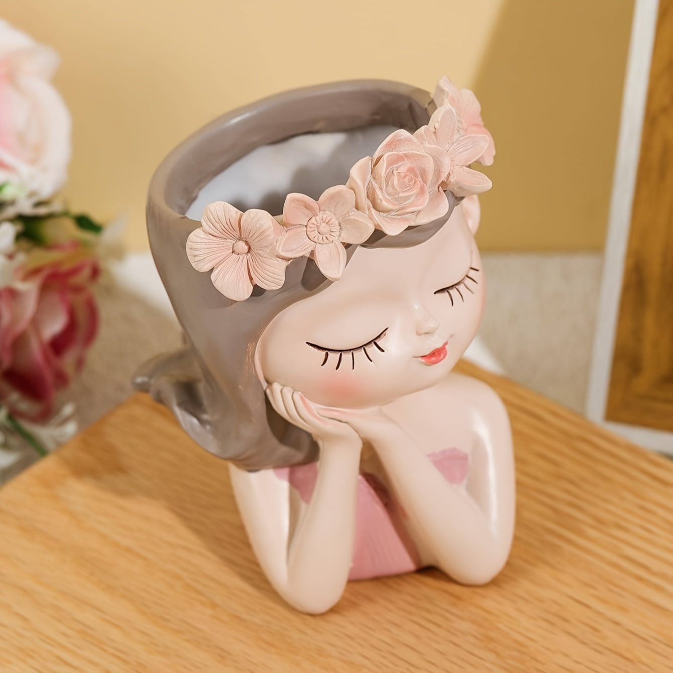 1 unidad, florero de resina, diseño de figura de niña, maceta decorativa, decoración para el hogar, centro de mesa, acento para interiores, decoración floral rosa