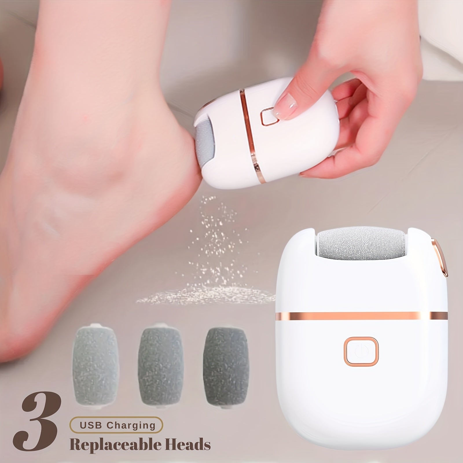 Un desmastrillador eléctrico recargable con tres cabezas intercambiables, cabeza gruesa para pulido pesado, portátil y fácil de usar, carga USB, cuida la piel agrietada, elimina el pie, limpiador de pies, herramienta de cuidado de pies.