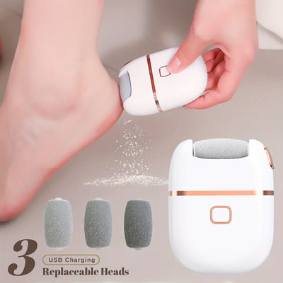 Un desmastrillador eléctrico recargable con tres cabezas intercambiables, cabeza gruesa para pulido pesado, portátil y fácil de usar, carga USB, cuida la piel agrietada, elimina el pie, limpiador de pies, herramienta de cuidado de pies.