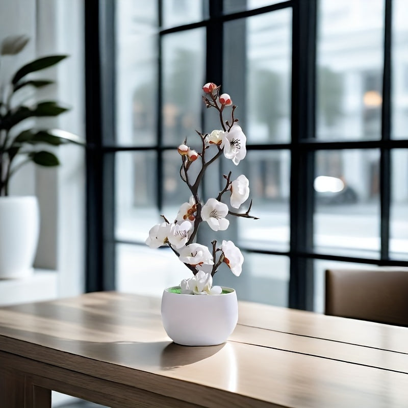 1pc Planta Artificial de Flor de Ciruelo Elegante en Maceta Blanca Falsa - Flores Realistas para Decoración de Hogar y Jardín, Ideal para Navidad, Halloween, Pascua, Acción de Gracias, Día de la Madre - No Necesita Energía, Contenedor Incluido