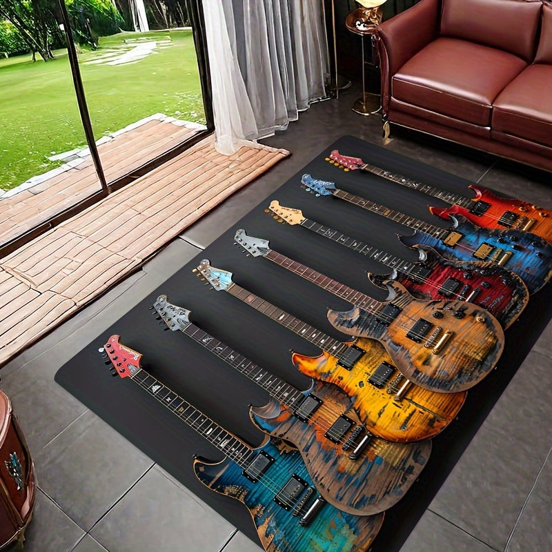 Alfombra para Dormitorio con Patrón de Guitarra Eléctrica Colorida - 8mm de Grosor, Duradera y Lavable a Máquina, Alfombra Suave y Cómoda Antideslizante para Sala de Estar, Dormitorio y Decoración de Entrada, Alfombra de Entrada|Decoración Temática Music
