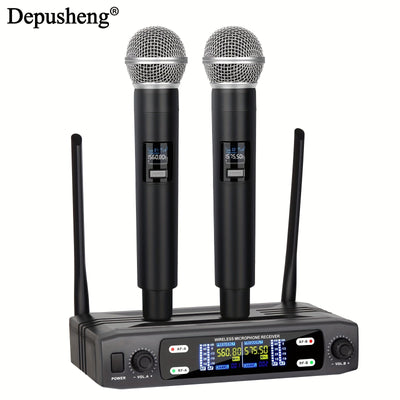 DEPUSHENG micrófono sin varillas profesional de dos canales portátil y manual, receptor sin varillas para KTV, familia, reuniones, canciones en vivo y actuaciones