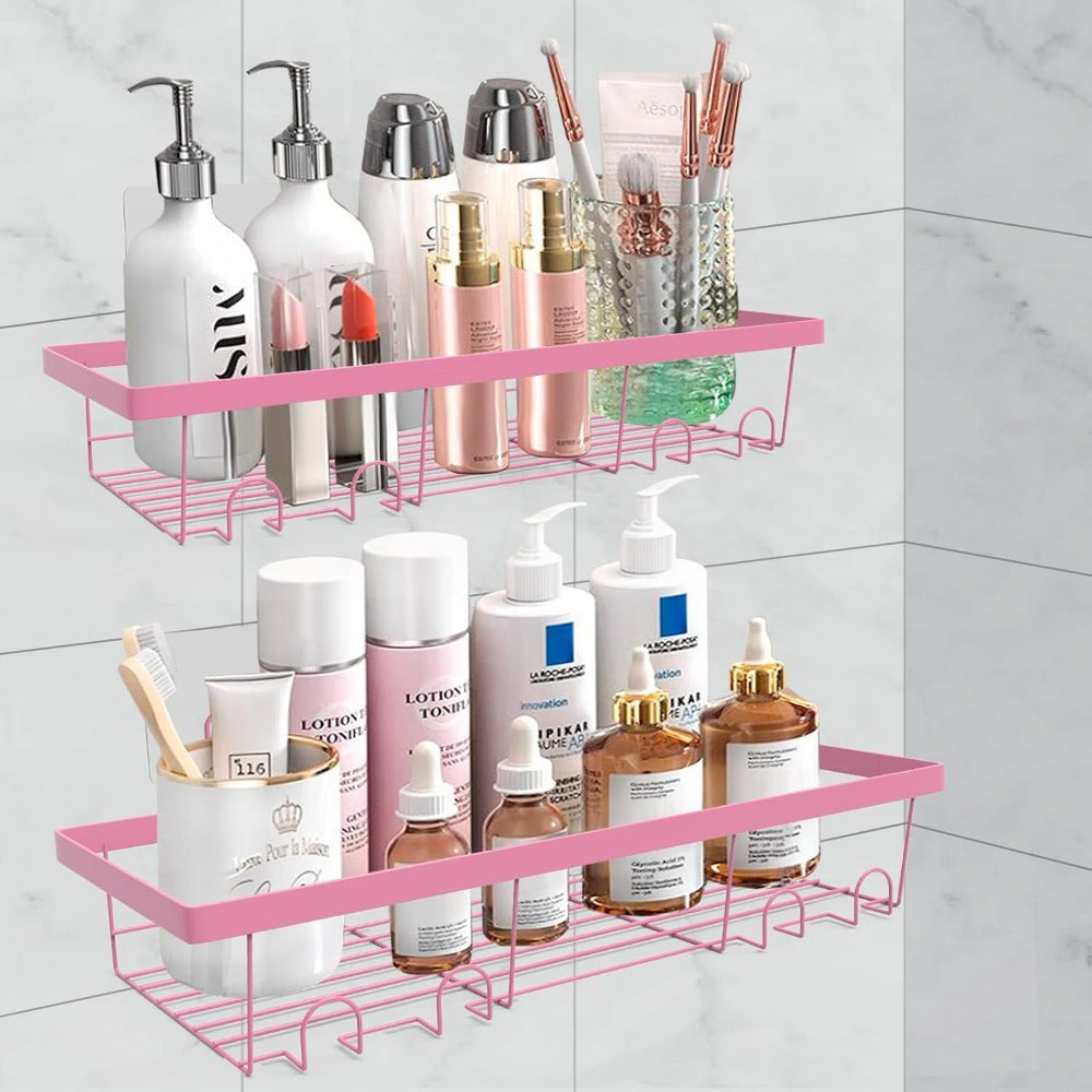 Organizador de Ducha Adhesivo Rosa de 2 Piezas con Ganchos, Acero Inoxidable Anticorrosión, Estante de Almacenamiento Montado en Pared Sin Taladro para Baño y Cocina - Diseño Ahorra-Espacio para Uso Interior de la Ducha, Accesorios de Ducha