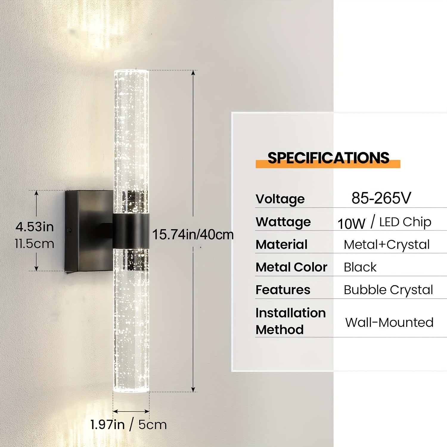 Aplique LED de cristal moderno - Aplique de pared de hierro fundido negro mate, montaje semi empotrado con control de interruptor para baño, dormitorio, sala de estar - 39,88 cm 5000 K, cableado, 110 V-240 V, fuente LED integrada