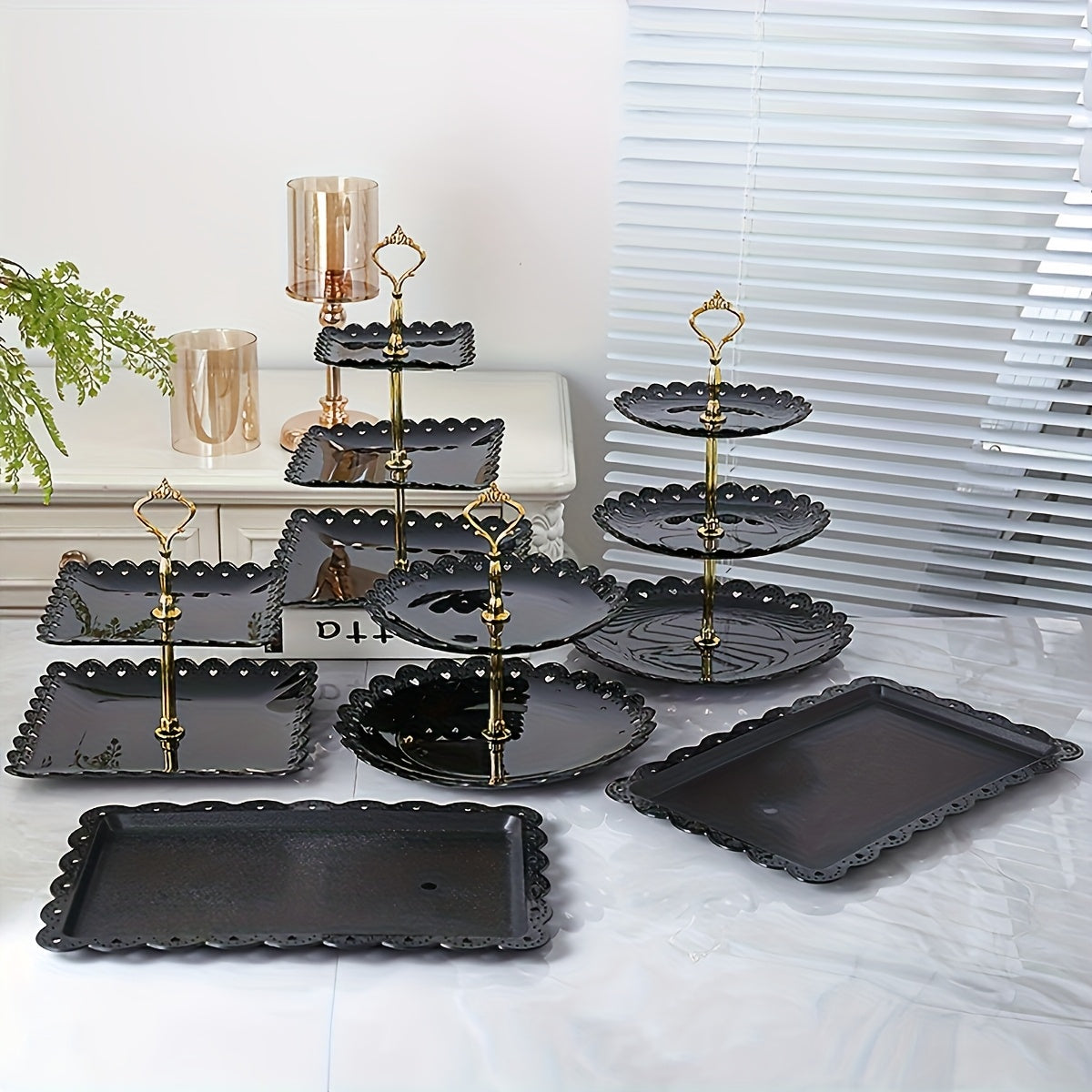 Juego de 6 Piezas de Soporte y Bandeja para Pastel de Plástico, Estante para Postres en Capas, Plato para Tartas, Muy Adecuado para Regalos de Cumpleaños Jóvenes Novias, Ceremonias de Fiesta, Bodas, Recepciones de Etiqueta, Servicio de Bufé, Ideal para N