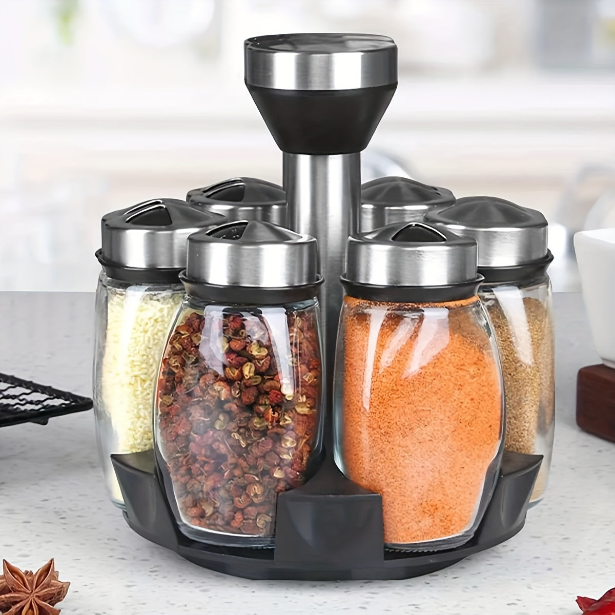Juego de 7 frascos de especias con caja de almacenamiento de vidrio giratorio, estante para especias, azúcar, pimienta y sal - Organizador de cocina, giratorio y accesible