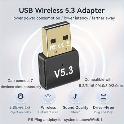 Adaptador de red USB '5.3 Adaptador inalámbrico, enchufa y juega sin controlador, admite conexiones de varios dispositivos para auriculares/altavoces/tabletas/teclados y ratones/controladores de juegos/máquinas de grabado/ordenadores/teléfonos móviles