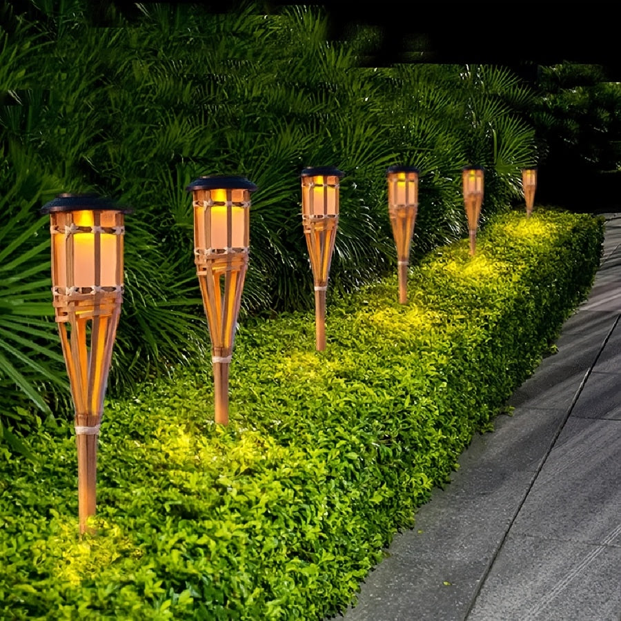 Faroles de bambú alimentados por energía solar, antorchas de arte de bambú, iluminación decorativa LED para exteriores, luces de jardín solares, luces de césped para caminos, jardines, patios, jardines, decoraciones festivas para Navidad, Halloween y Año