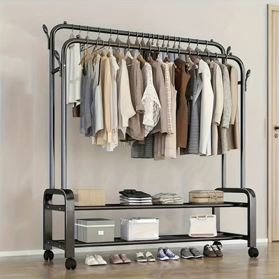 Organizador de Ropa con Ruedas - Estantería Doble para Secado y Almacenamiento de Zapatos, Soporte Plástico Resistente para Dormitorio o Armario, Solución Multifuncional Ahorradora de Espacio, Diseño Eficiente con Barras Dobles