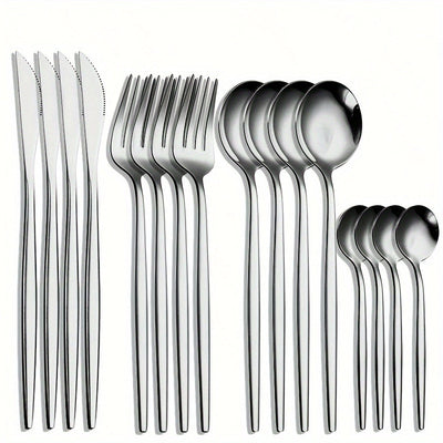 1 Juego De 16 Piezas, Cubiertos Portugueses De Acero Inoxidable, Incluye Cuchillos, Tenedores, Cucharas Y Cucharas De Postre Para 4, Ideal Para Fiestas Y Uso Diario