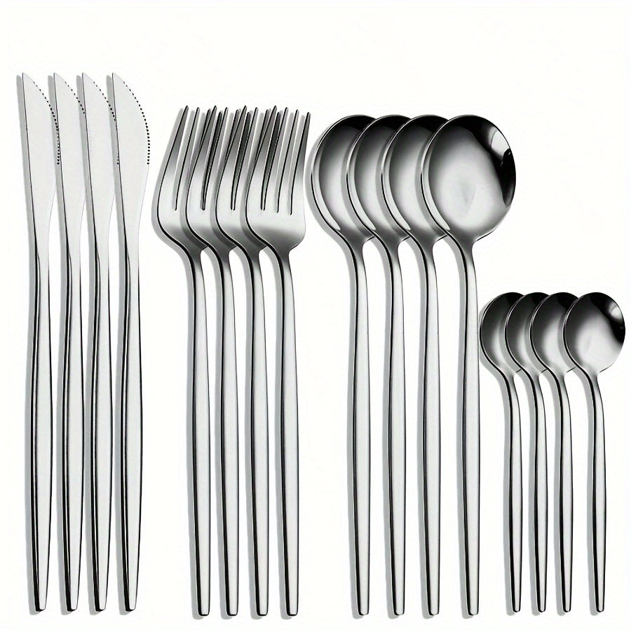 1 Juego De 16 Piezas, Cubiertos Portugueses De Acero Inoxidable, Incluye Cuchillos, Tenedores, Cucharas Y Cucharas De Postre Para 4, Ideal Para Fiestas Y Uso Diario