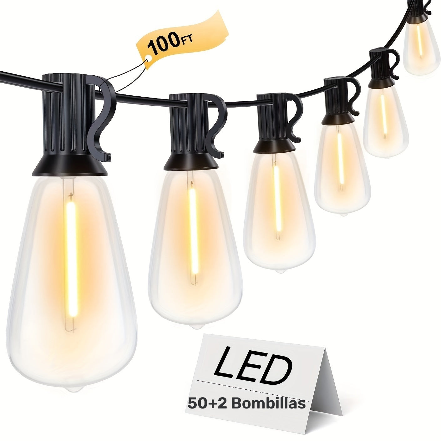 30.48 metros de luces LED, guirnalda impermeable para exteriores ST38 con 50+2 bombillas, 110V-130V, enchufe estadounidense, material PP, sin cambio de color, ideal para el día de San Valentín, Navidad, decoración de Halloween, sin batería.