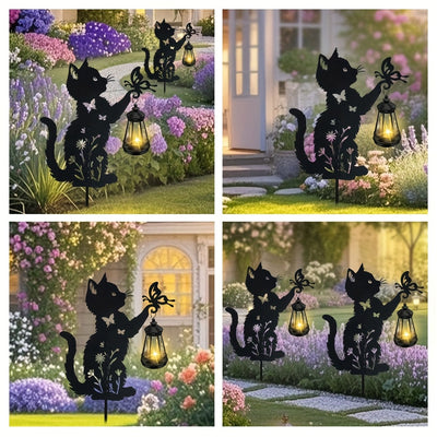 1 pieza/2 piezas, iluminación solar para exteriores, decoración de jardín - Gato jugando con mariposas, lámpara solar de arte de hierro, decoración de metal para la casa, adecuada para el camino de la entrada, césped, patio, Navidad, regalo único.
