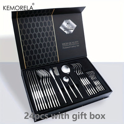 KEMORELA 24 piezas de colección de utensilios de acero inoxidable, incluyendo cuchillo, tenedor y cuchara, juego de cubiertos de cocina de primera calidad, apto para lavavajillas.