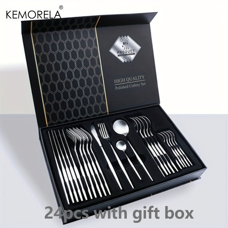 KEMORELA 24 piezas de colección de utensilios de acero inoxidable, incluyendo cuchillo, tenedor y cuchara, juego de cubiertos de cocina de primera calidad, apto para lavavajillas.