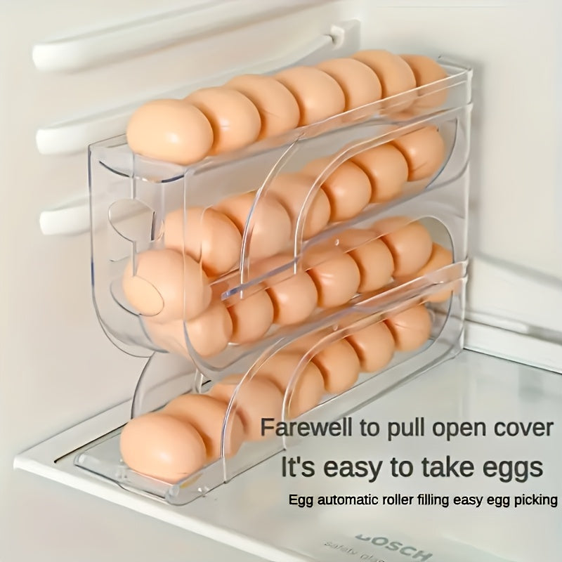 Un soporte de huevo de tres niveles para el refrigerador puede almacenar hasta 20 huevos a la vez, con un diseño de rodadura automática para el almacenamiento y distribución de huevos.