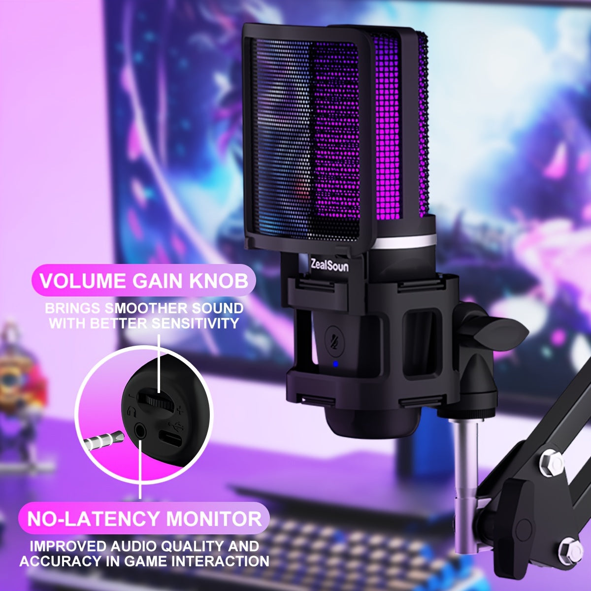 Kit de Micrófono Condensador ZealSound USB para Gaming, Micrófono Condensador con Brazo Articulado y Luz RGB - Plug and Play para PC, PS4&5, Mac, Teléfono - Ideal para Discord, Grabación - Adaptador Tipo-C Incluido - Botón Silenciar, Soporte de Brazo, Fi