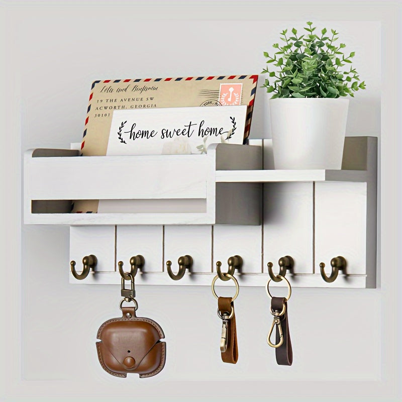Portallaves de pared de madera rústica con organizador de correo y bandeja - Fácil instalación, decoración de granja para sala de estar, cocina, pasillo - Ganchos de pared para llaves y accesorios