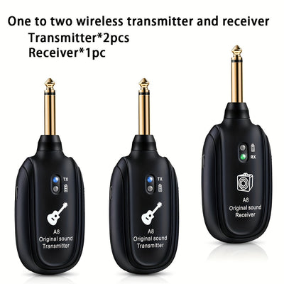 Transmisor y Receptor Inalámbricos de Guitarra 1-a-2, Un Receptor Dos Transmisores Adecuado para Mezclar Instrumentos como Guitarra, Bajo y Saxo Eléctrico