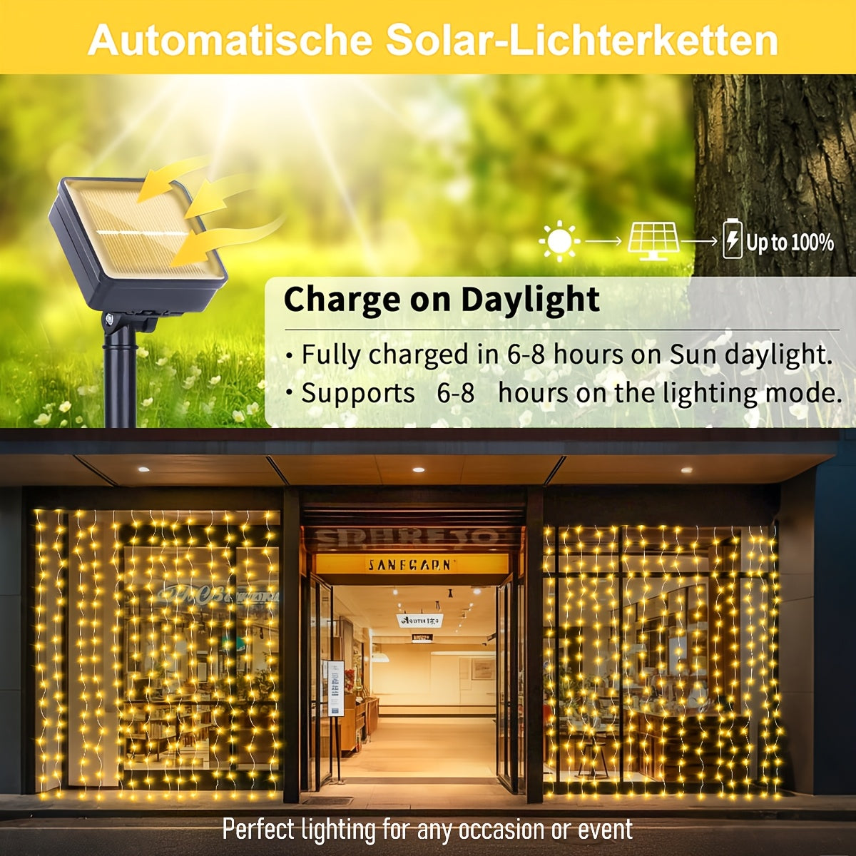 1 pieza de 118,5 pulgadas (298,7 cm) de luces de cortina solares - 8 patrones de luces de hadas, energía solar, estructura duradera - Perfecto para decoración de exteriores de boda, fiesta, balcón, patio y jardín con colores, blanco cálido y blanco. 1 pi