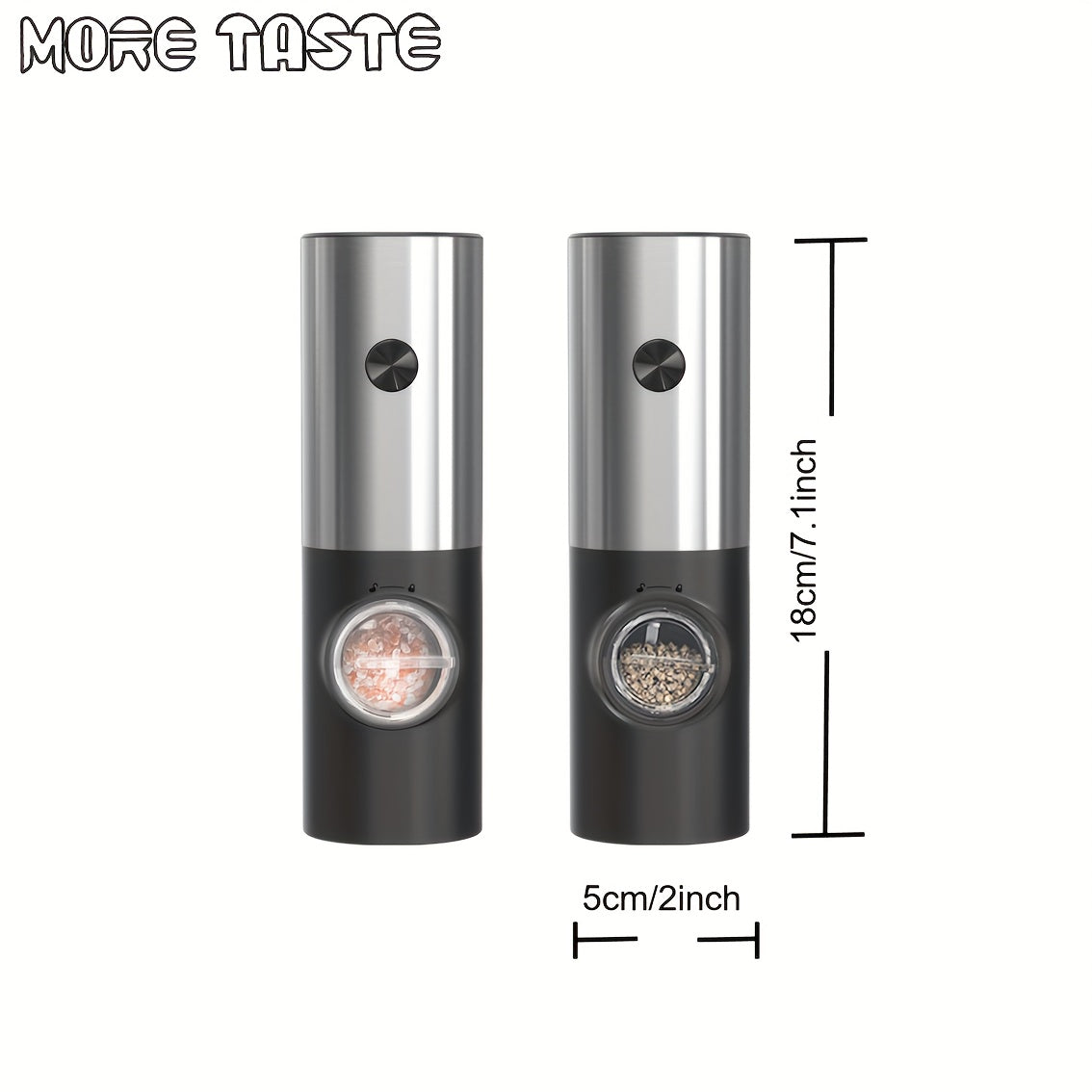 SET DE MOLINILLOS ELÉCTRICOS PARA SAL Y PIMIENTA MORE TASTE 2 piezas, Saleros y Pimenteros Recargables con Grano Ajustable, Operación con Una Mano y Luz LED, Acero Inoxidable