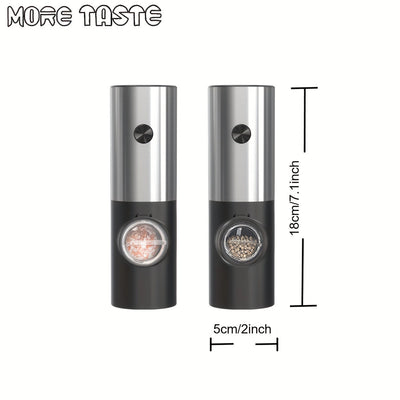 SET DE MOLINILLOS ELÉCTRICOS PARA SAL Y PIMIENTA MORE TASTE 2 piezas, Saleros y Pimenteros Recargables con Grano Ajustable, Operación con Una Mano y Luz LED, Acero Inoxidable