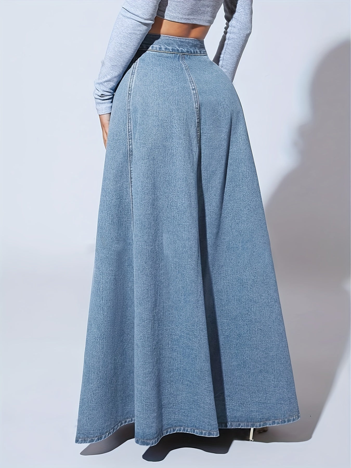 Falda de mezclilla de cintura alta para mujer con cierre frontal y bolsillos con solapa - Color azul claro, tejido no elástico, ideal para primavera/verano/otoño, ropa casual a semi-formal, atuendo casual | Falda con botones | Tejido no elástico