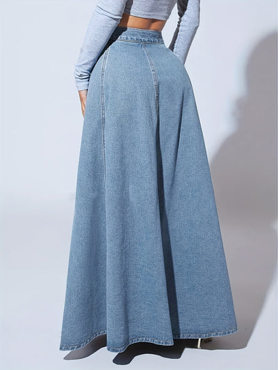 Falda de mezclilla de cintura alta para mujer con cierre frontal y bolsillos con solapa - Color azul claro, tejido no elástico, ideal para primavera/verano/otoño, ropa casual a semi-formal, atuendo casual | Falda con botones | Tejido no elástico