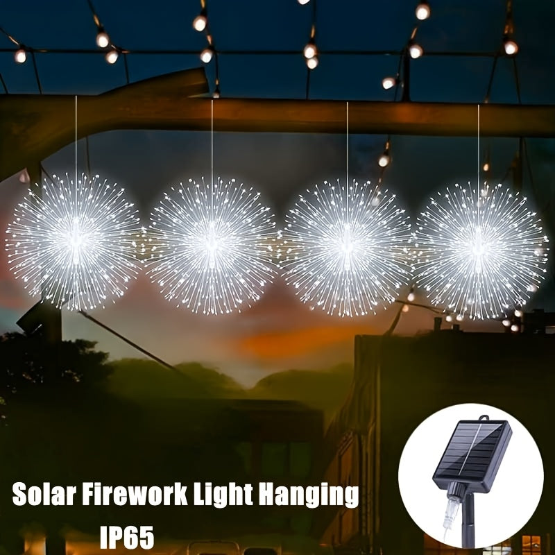 4 luces colgantes solares para exteriores tipo fuegos artificiales, cadena de luces LED, 240 LED esferas centelleantes, blanco cálido/multicolor/blanco, 8 modos, para patio, sombrilla, alero, jardín, árbol, carpa, decoración navideña