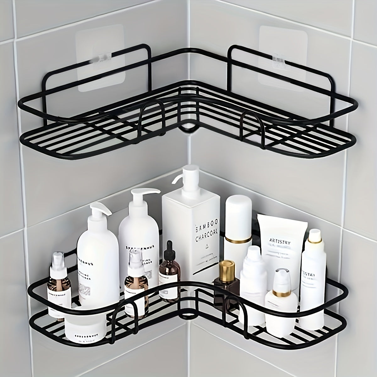 1 estante de almacenamiento para baño de acero inoxidable, repisa de esquina para ducha con tubo dorado, organizador sin perforación para diferentes tipos de habitaciones, incluye 2 adhesivos sin costuras, acabado en blanco/negro
