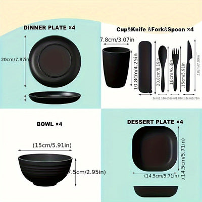 Juego de vajilla de plástico de 32 piezas, irrompible y liviano, para 4 personas: platos, tazones y tazas negros, con tenedores, cucharas y cuchillos, reutilizable, apto para microondas y lavavajillas, ideal para hogar, picnic o colección de vajilla temá