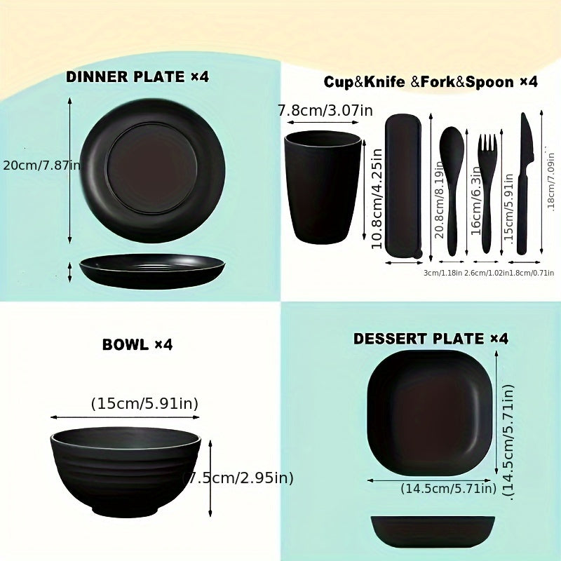 Juego de vajilla de plástico de 32 piezas, irrompible y liviano, para 4 personas: platos, tazones y tazas negros, con tenedores, cucharas y cuchillos, reutilizable, apto para microondas y lavavajillas, ideal para hogar, picnic o colección de vajilla temá