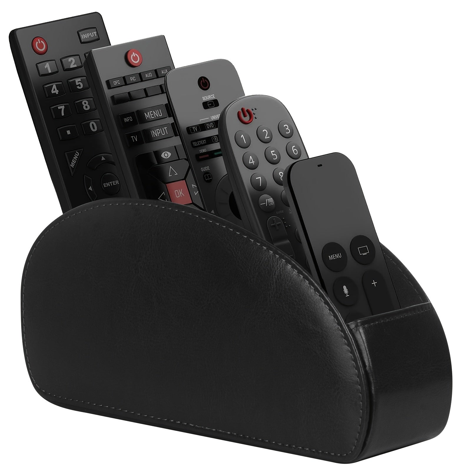Soporte de control remoto con 5 compartimentos - Caddy de control remoto de piel sintética negra para TV, DVD, Blu-ray, reproductor de medios y control de calefacción, almacenamiento independiente, organizador de escritorio y cajón para almacenamiento en