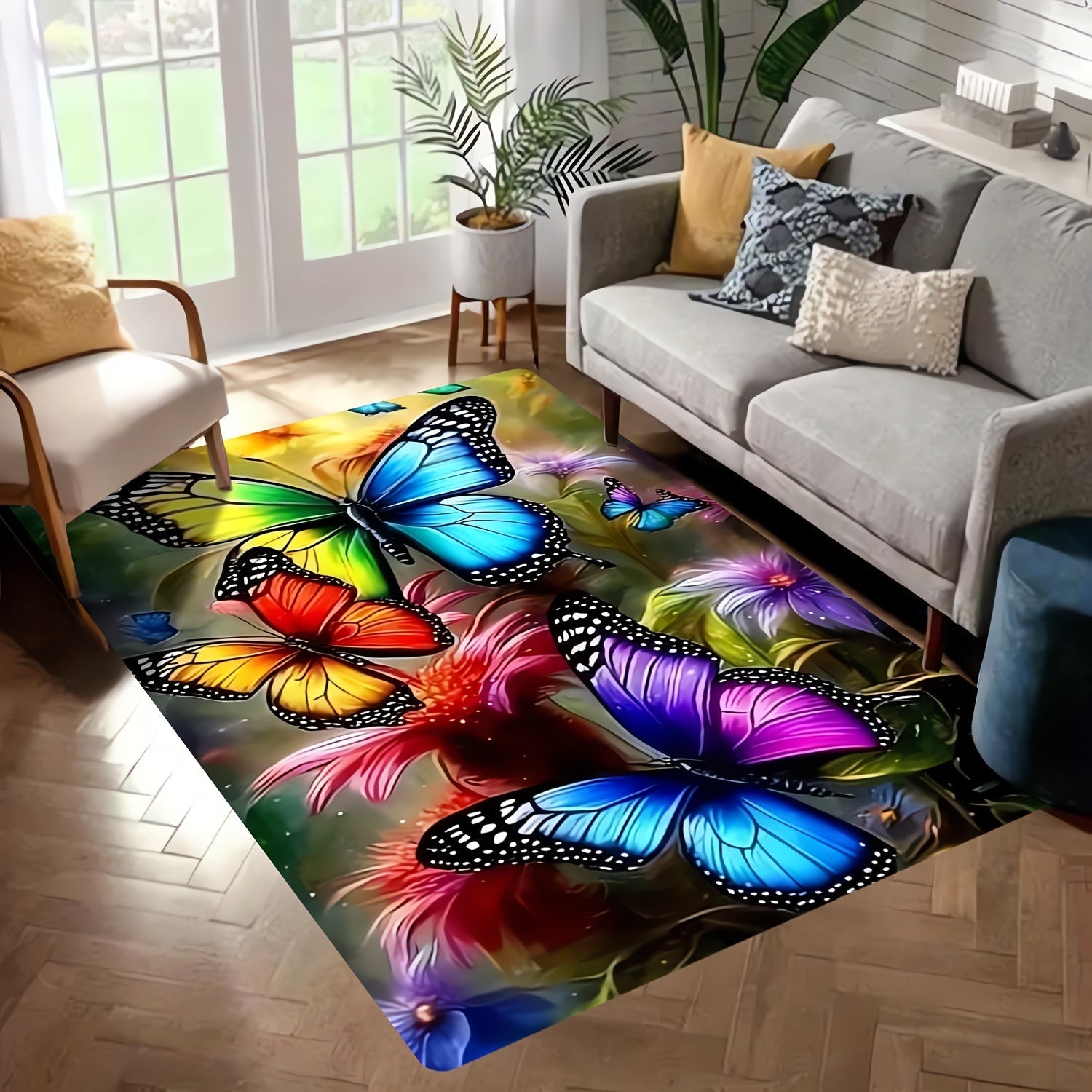 Una alfombra de diseño de mariposa de un solo color elegante, suave y cómoda, lavable en máquina, hecha de poliéster, adecuada para salones, dormitorios, estudios y salas de juegos - La decoración de habitación perfecta.