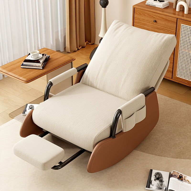 Silla de montar de franela con asiento y respaldo de color beige suave - Glider manual, marco de metal, diseño de bolsillo lateral, fácil de ensamblar, adecuado para dormitorio, sala de estar.