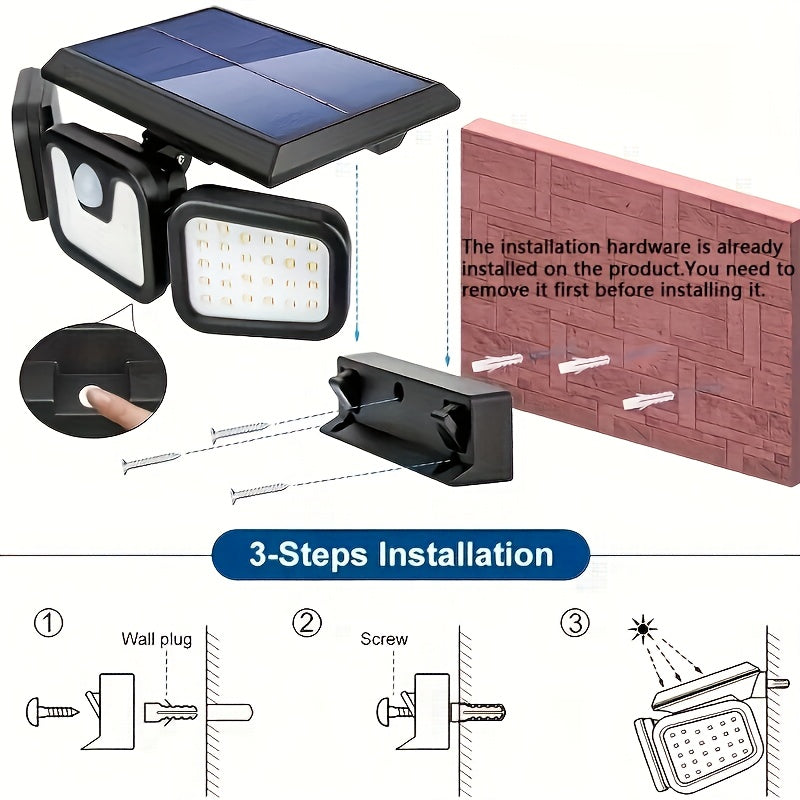 Lámparas solares para exteriores con 3 cabezales, luces solares para jardín y pared, 3 modos de iluminación con sensor de movimiento, ideales para patios, estadios, parques, hoteles, jardines, garajes, terrazas y pasillos