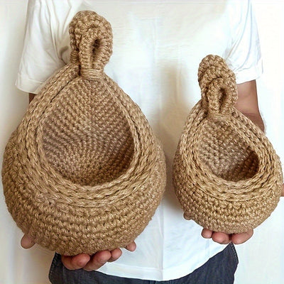 Canasta Colgante de Yute Tejida a Mano - Organizador Rústico para Pared de Cocina para Frutas y Verduras con Ganchos, Cesta de Fibra Natural de Alta Calidad para Interior/Exterior