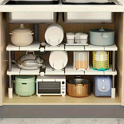 Organizador Extensible de 1 Nivel para Debajo del Fregadero - Acero Inoxidable y Plástico, Ajustable y Espacioso para Cocina y Baño, Instalación Fácil con Guía, Idea de Regalo para el Día del Padre, Diseño Moderno y Limpio, Postes Metálicos