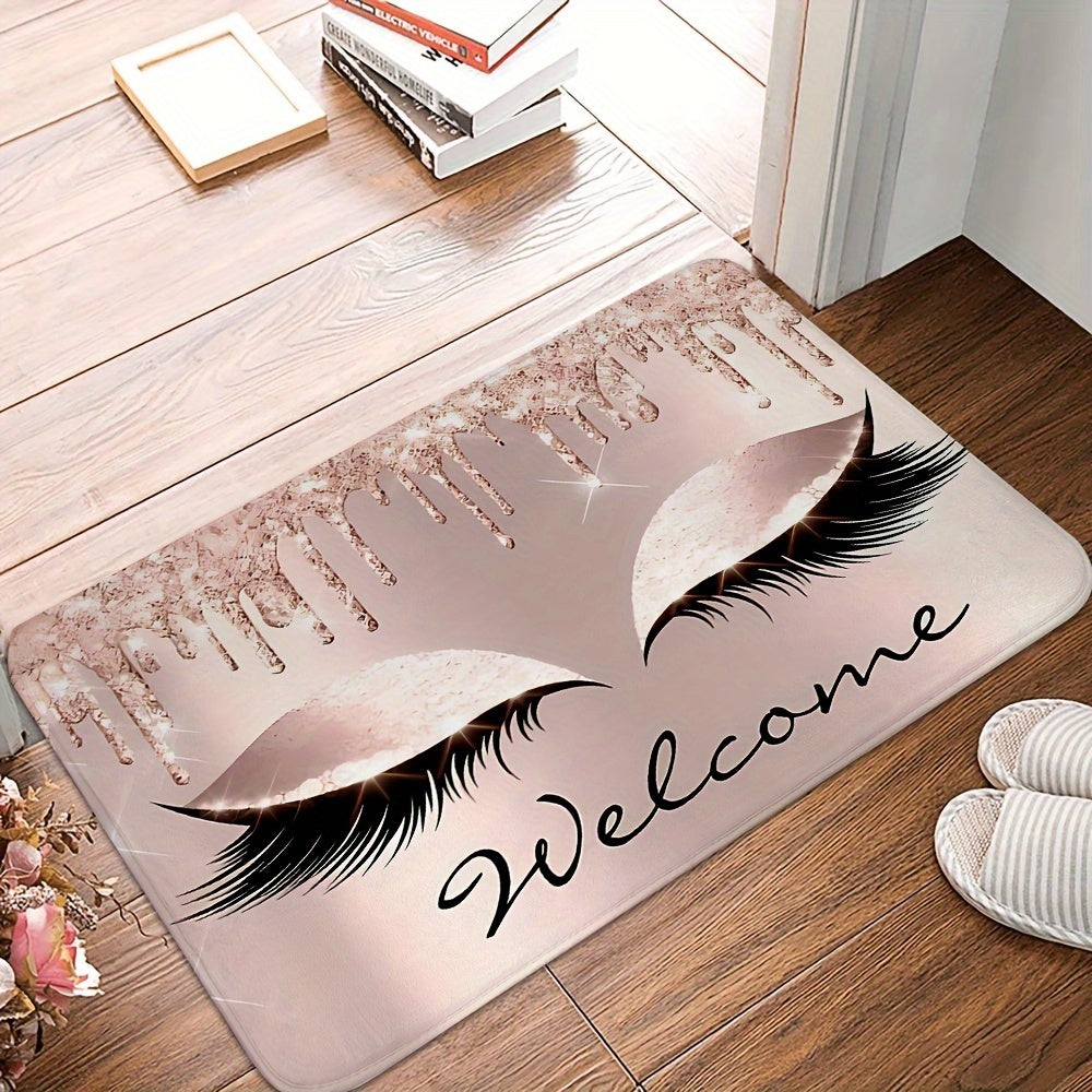 1 Pieza, Tapete De Cocina De Material De Poliéster Vinílico Con Patrón De Pestañas Y Letras En Color Rosa, Antideslizante Y Absorbente, Alfombra Antifatiga Para Cocina, Hogar, Oficina, Fregadero Y Lavandería