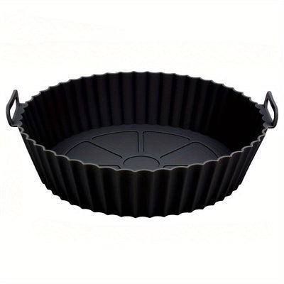 Una pieza de sartén de silicona para freidoras de aire, con un diseño plegable tridimensional. Esta bandeja redonda de silicona reutilizable de 8 pulgadas sirve como forro para hornear a alta temperatura.