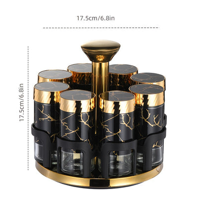 Juego de especias de cocina de 8 botellas con asas doradas - Elegantes frascos de vidrio blanco y dorado para condimentos, pimientas y hierbas, ideales para estanterías giratorias de especias, esenciales para estanterías de especias | Contenedor de espec