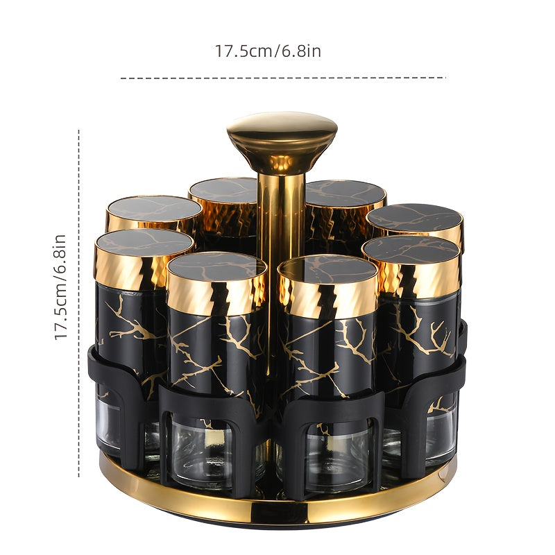 Juego de especias de cocina de 8 botellas con asas doradas - Elegantes frascos de vidrio blanco y dorado para condimentos, pimientas y hierbas, ideales para estanterías giratorias de especias, esenciales para estanterías de especias | Contenedor de espec