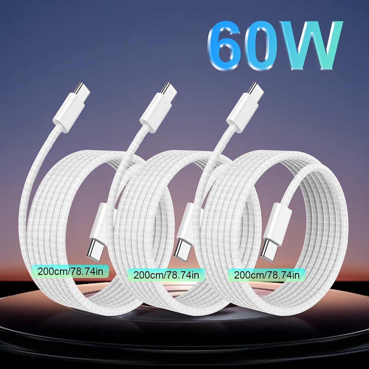 Conjunto de 3 Cables de Carga Rápida USB C a C, Cable Trenzado de Nylon de 60W para Cargador Rápido USB Tipo-C para iPhone16 15/Samsung y Diversos Productos Digitales con Interfaz Tipo-C o Electrodomésticos