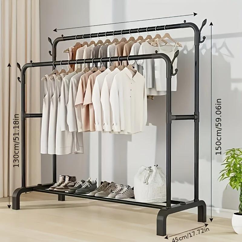 1pc Perchero clásico de doble varilla, gran capacidad de hierro y plástico, de pie con estantes para abrigos, sombreros, zapatos - Ideal para dormitorio, balcón, almacenamiento de baño - Fácil autoensamblaje, perchero autoensamblado | Elegante acabado ne